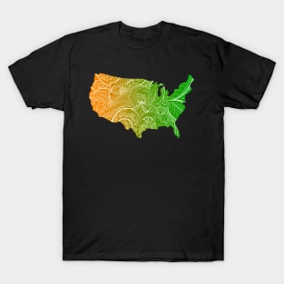 Colorful mandala art map of the United States of America in green and orange T-Shirt